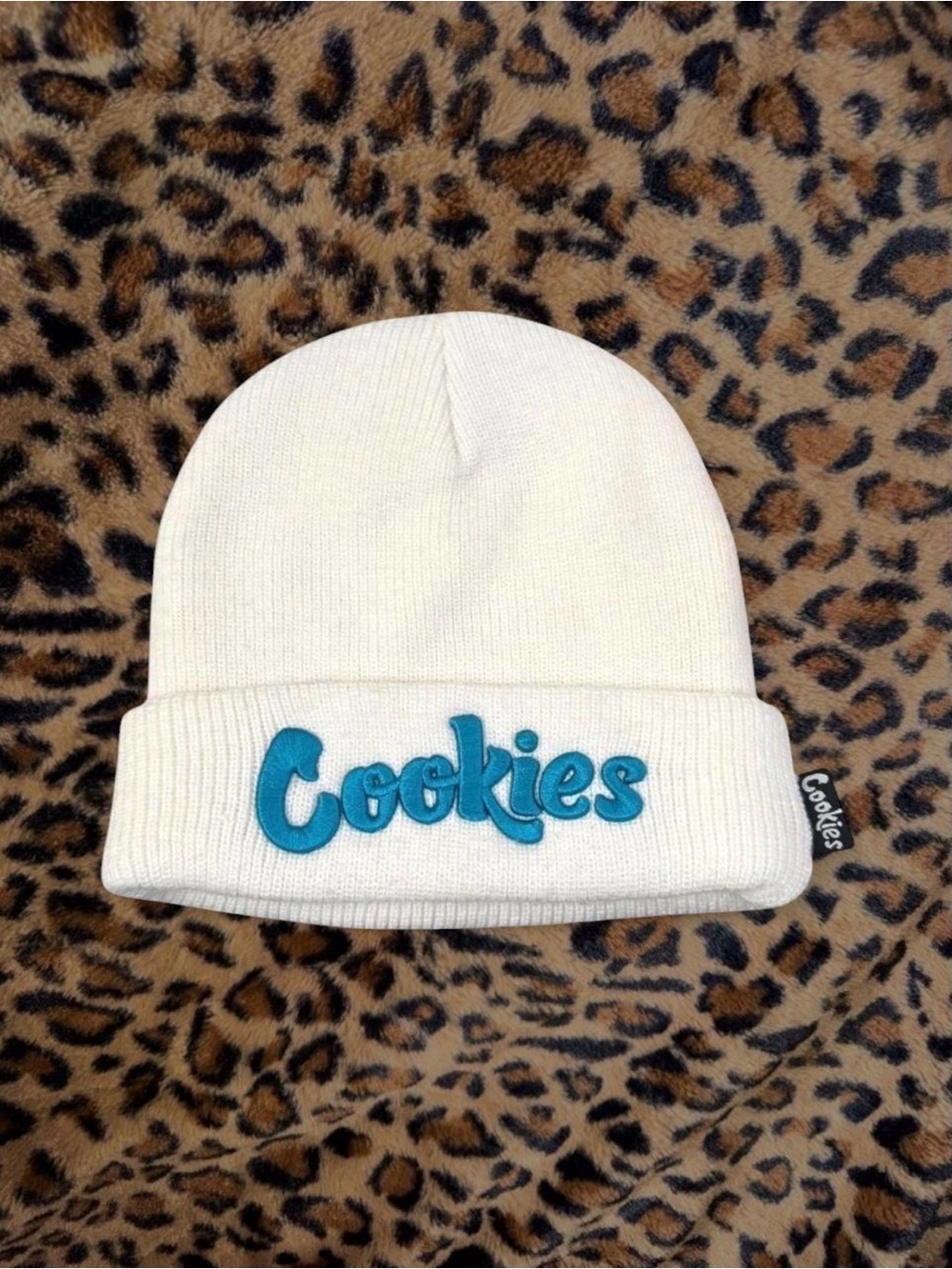 White Beanie with Blue Cookies Logo